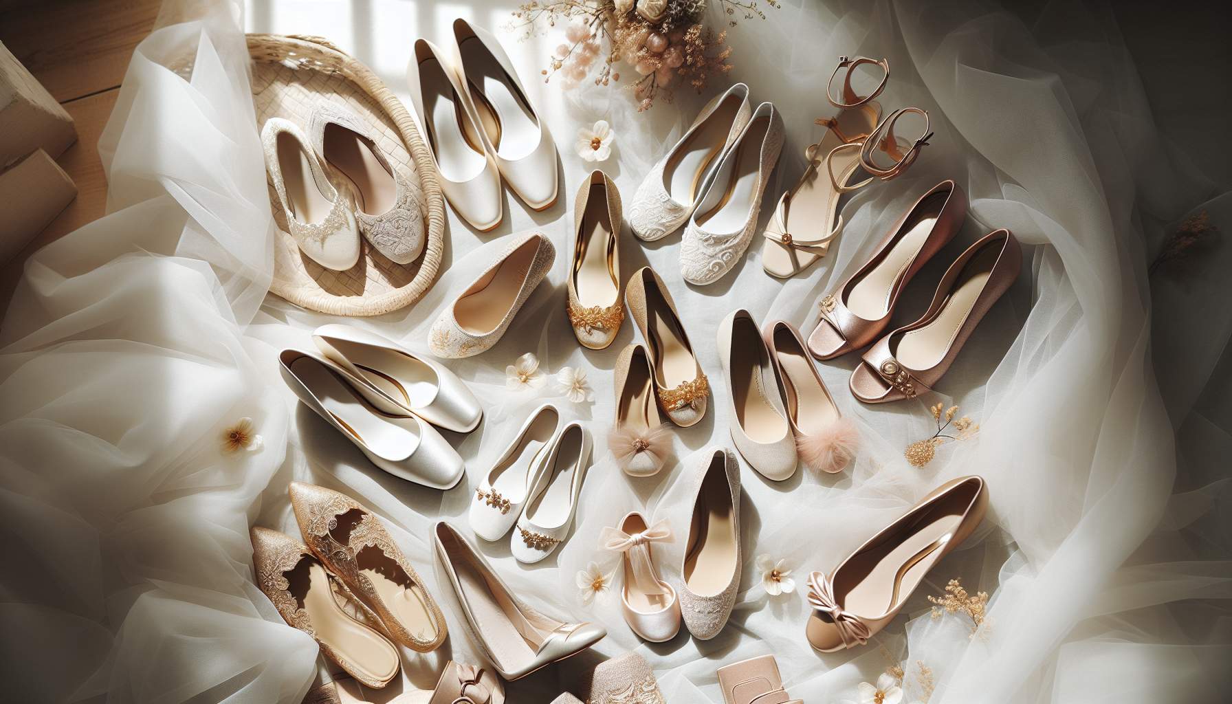 A beautifully arranged flat lay of various wedding shoes on a soft white fa