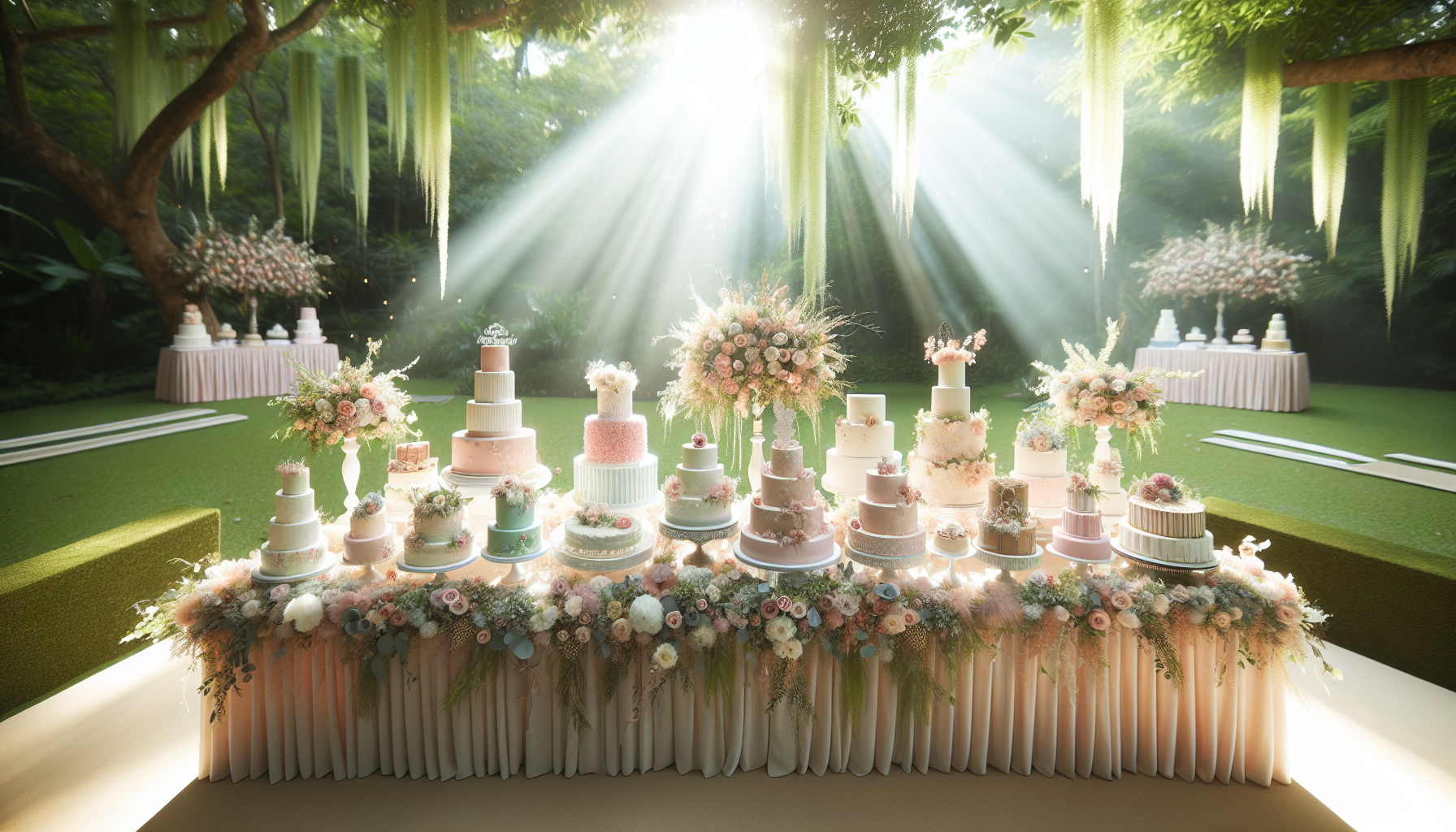 A beautifully styled photograph of a wedding cake table set up in a lush ga
