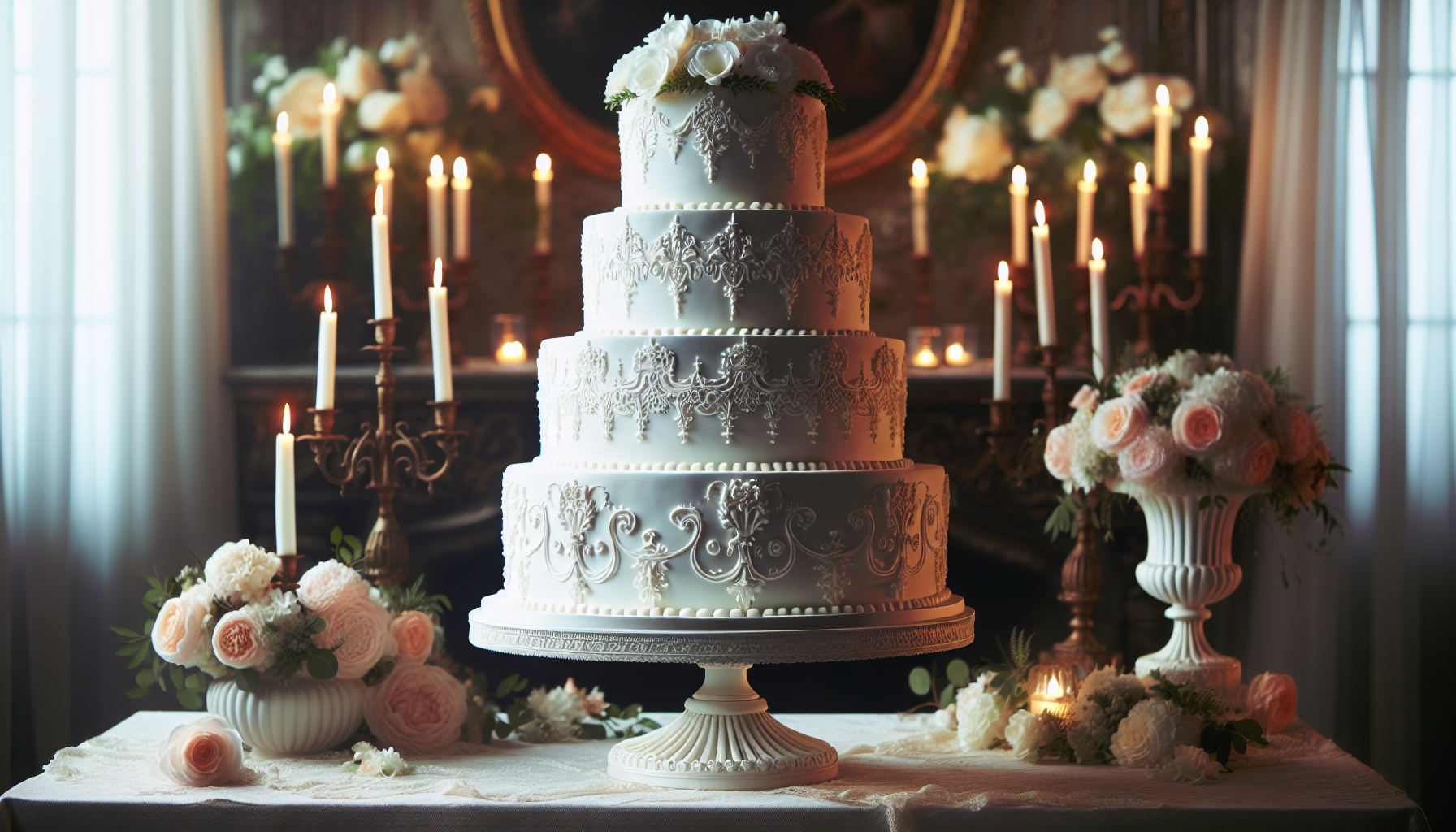 A classic tiered wedding cake elegantly decorated with white fondant and de