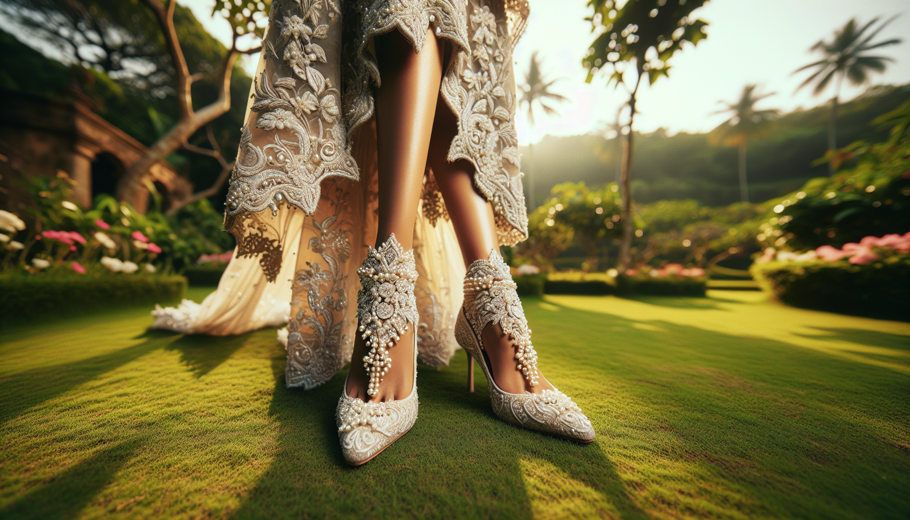 A close-up photograph of a bride's feet in elegant wedding shoes, standing 