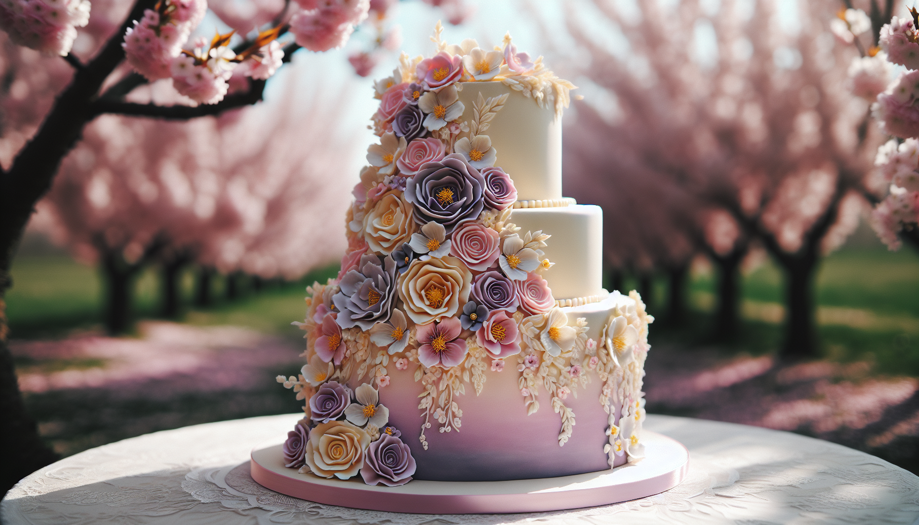 A close-up photograph of a three-tiered wedding cake adorned with intricate