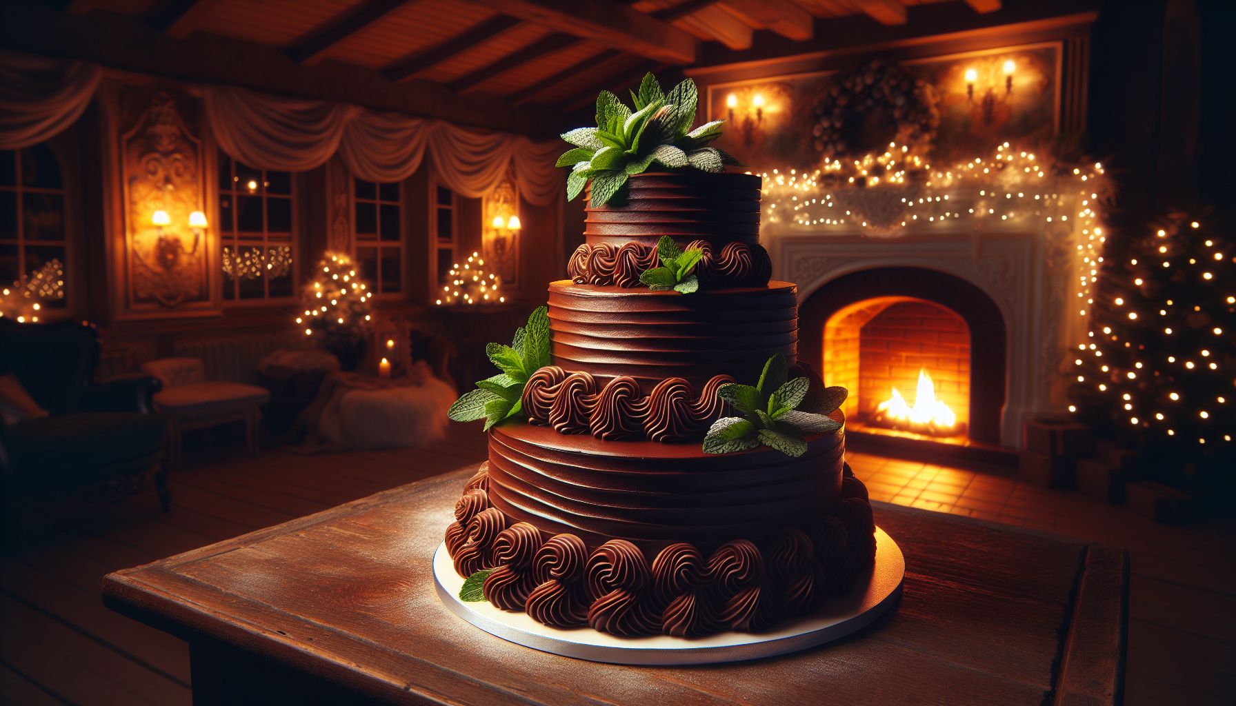 A luxurious wedding cake with three tiers, showcasing a dark chocolate fros