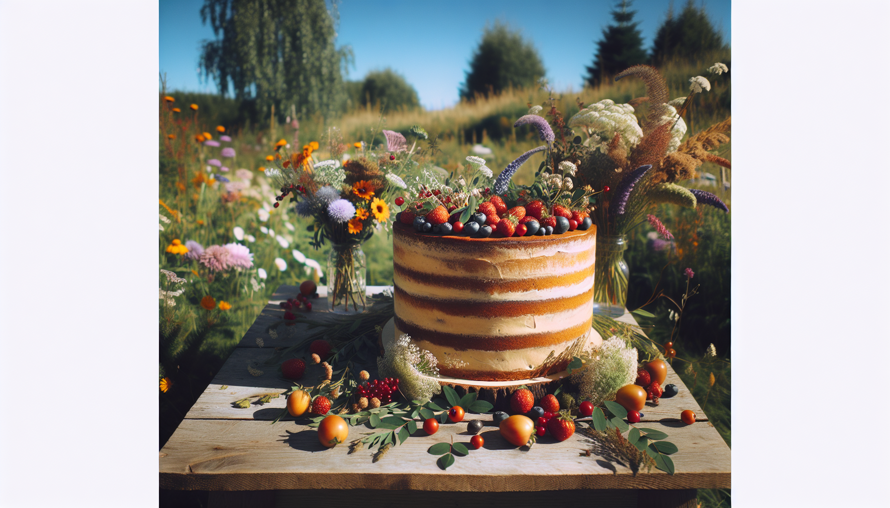A rustic naked wedding cake displayed on a wooden table outdoors, surrounde
