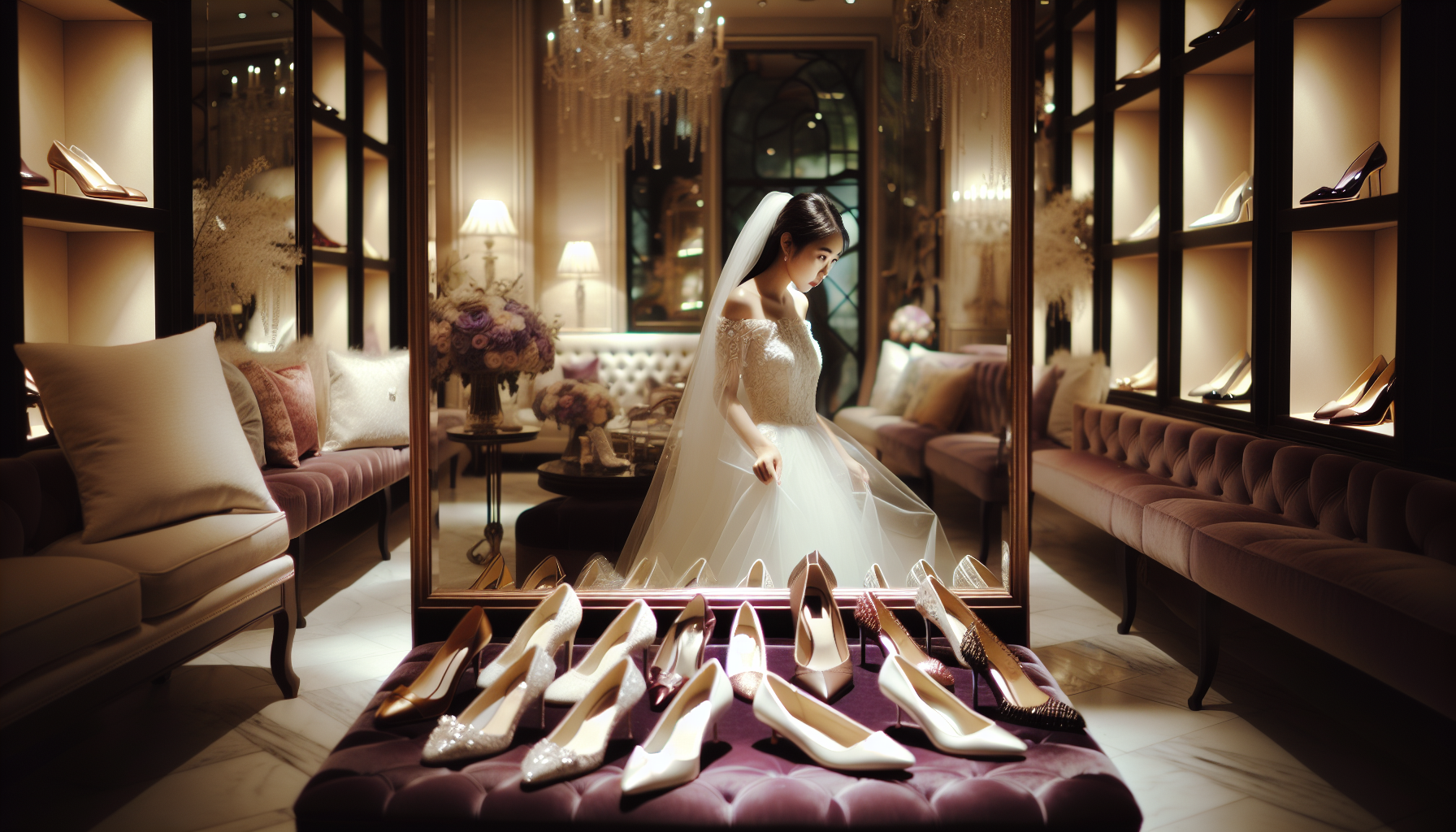 An artistic photograph of a bride trying on different wedding shoes in a ch