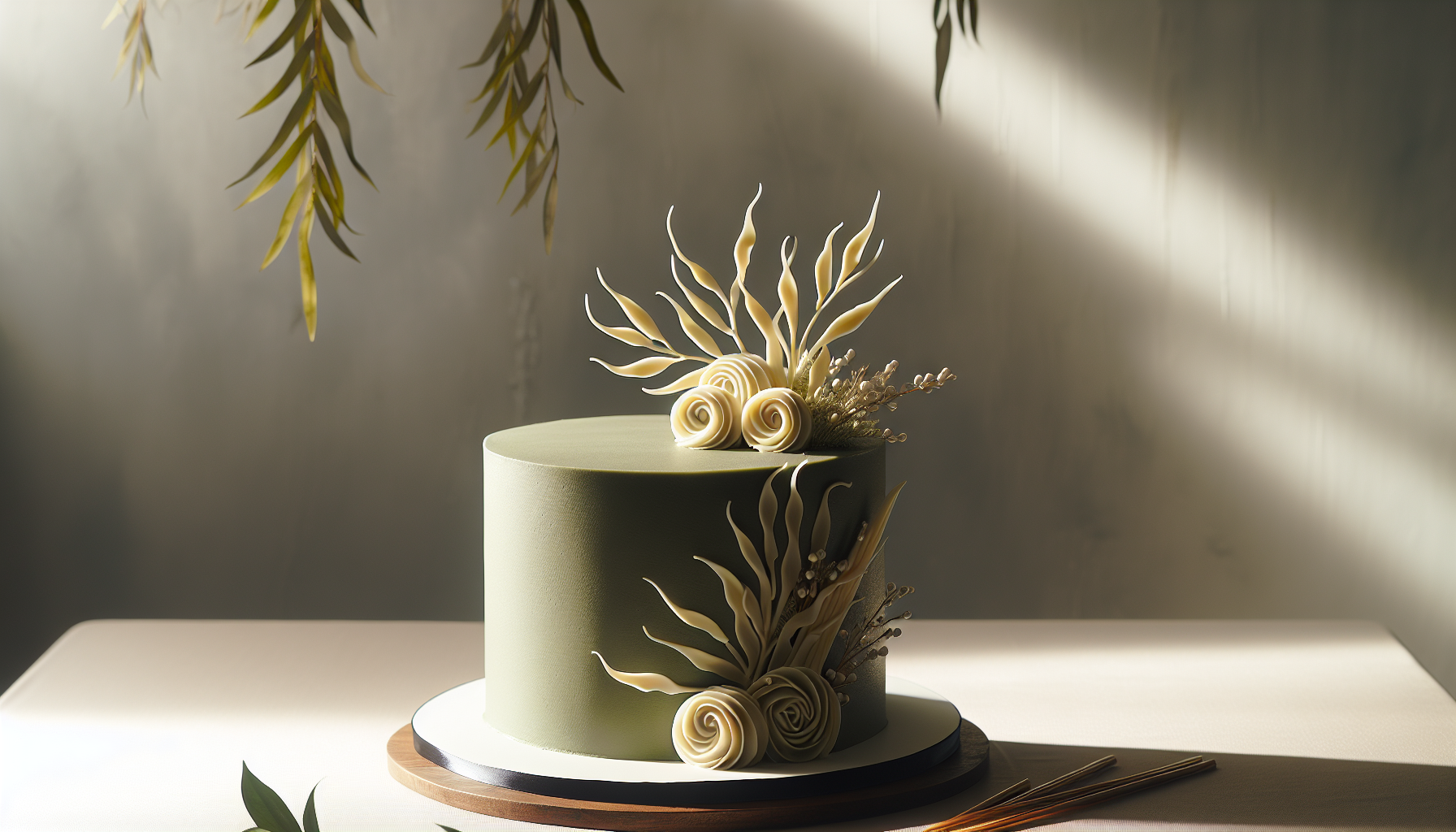 An elegant wedding cake with two tiers, featuring a smooth matcha green fro